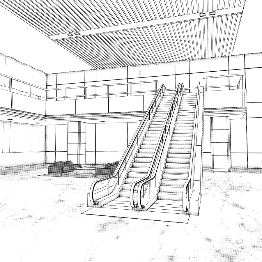 ラウンジとエレベーター(モノクロ)