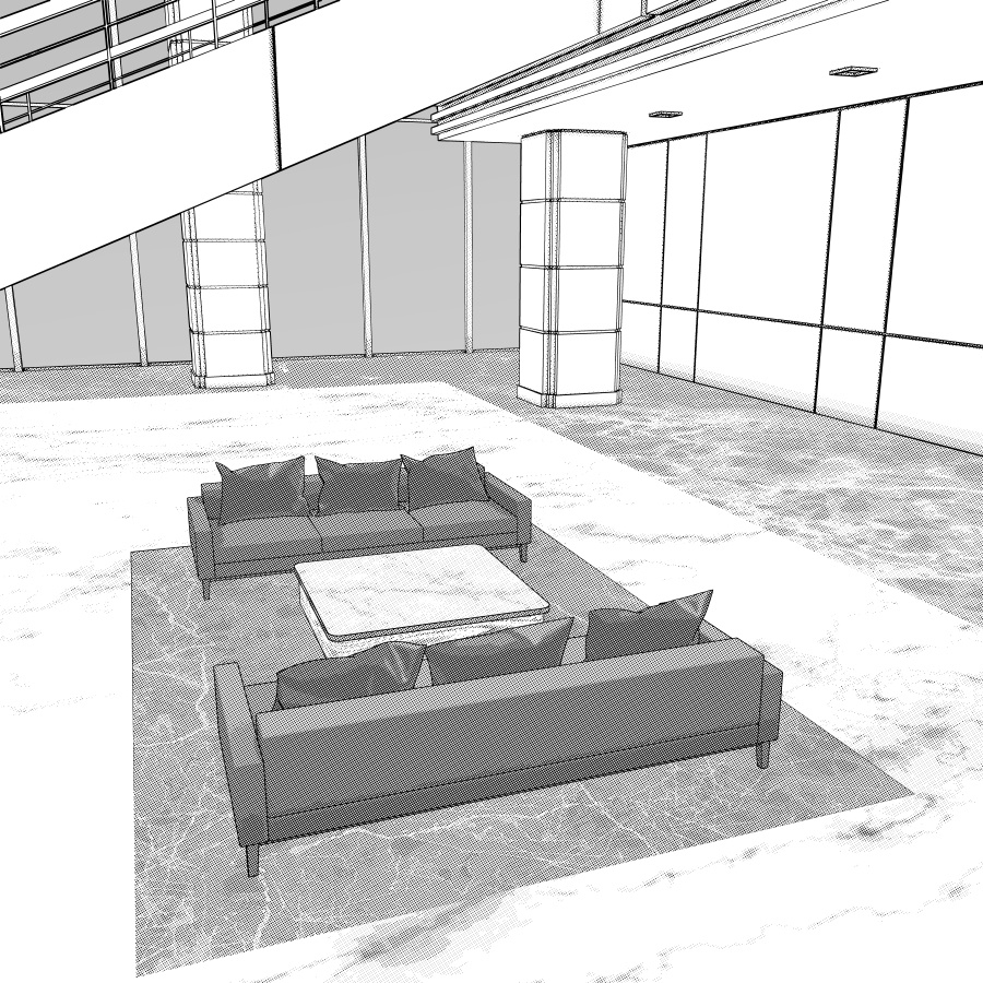 ラウンジとエレベーター(モノクロ)