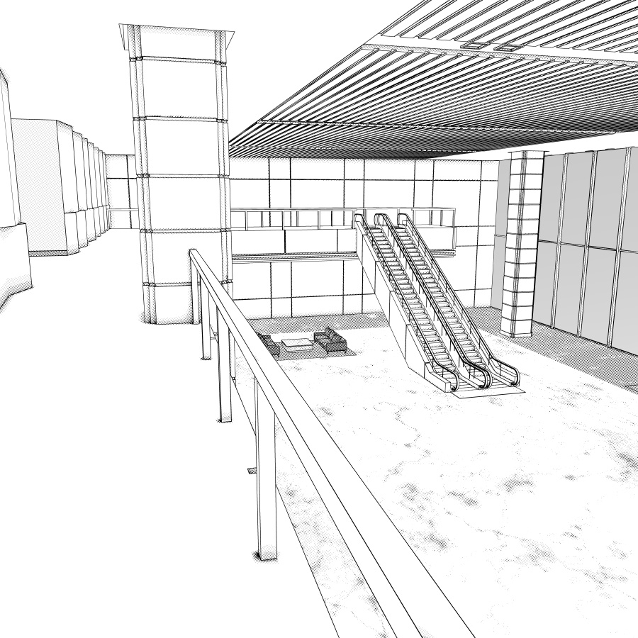ラウンジとエレベーター(モノクロ)
