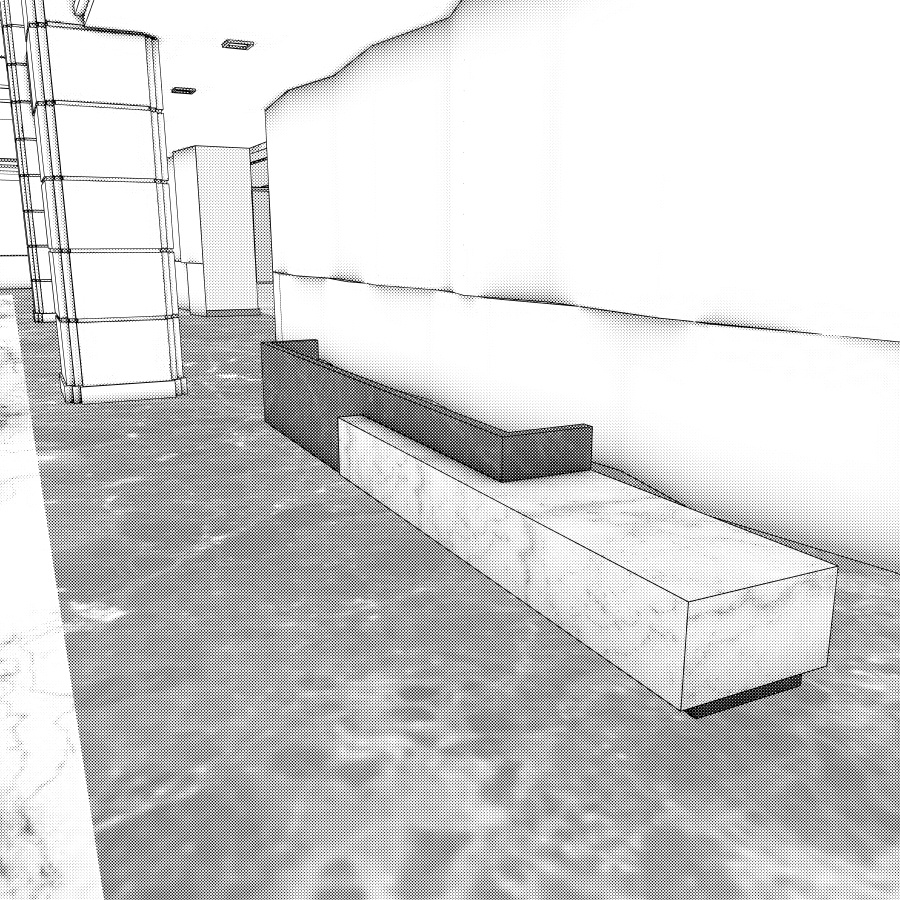 ラウンジとエレベーター(モノクロ)