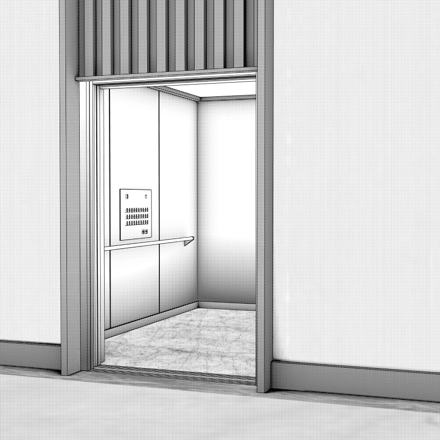 ラウンジとエレベーター(モノクロ)