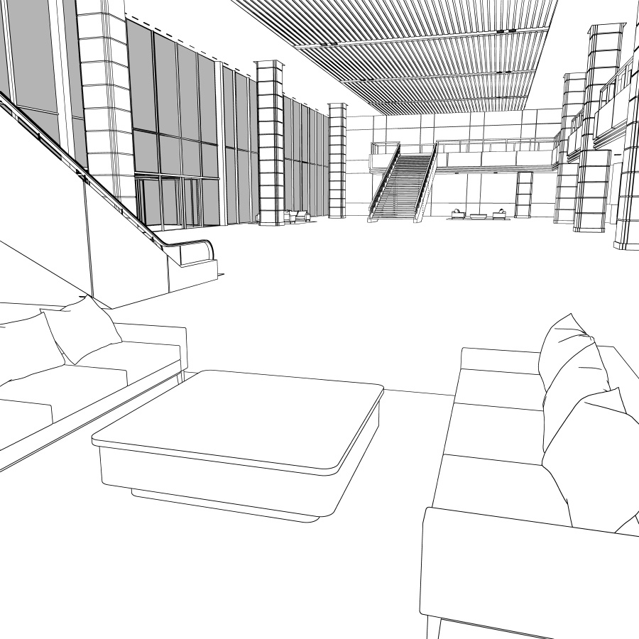 ラウンジとエレベーター(モノクロ)