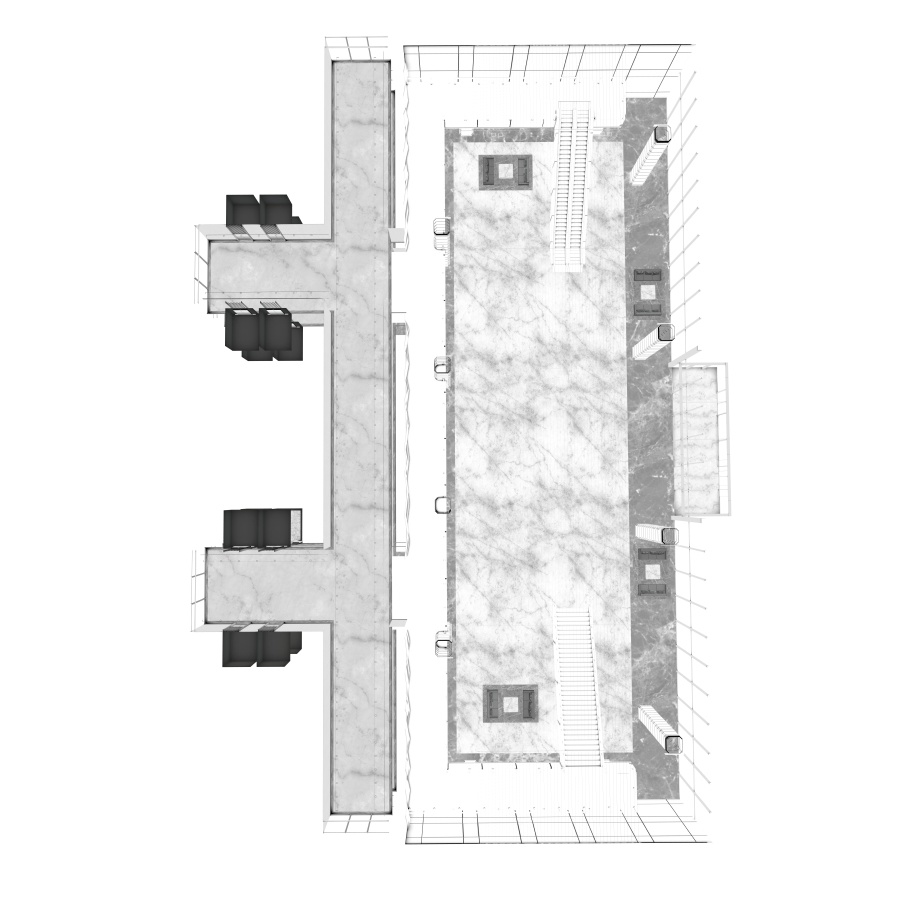 ラウンジとエレベーター(モノクロ)