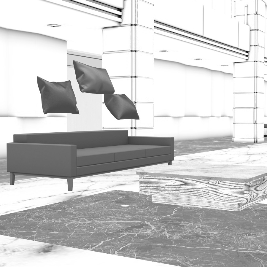 ラウンジとエレベーター(モノクロ)