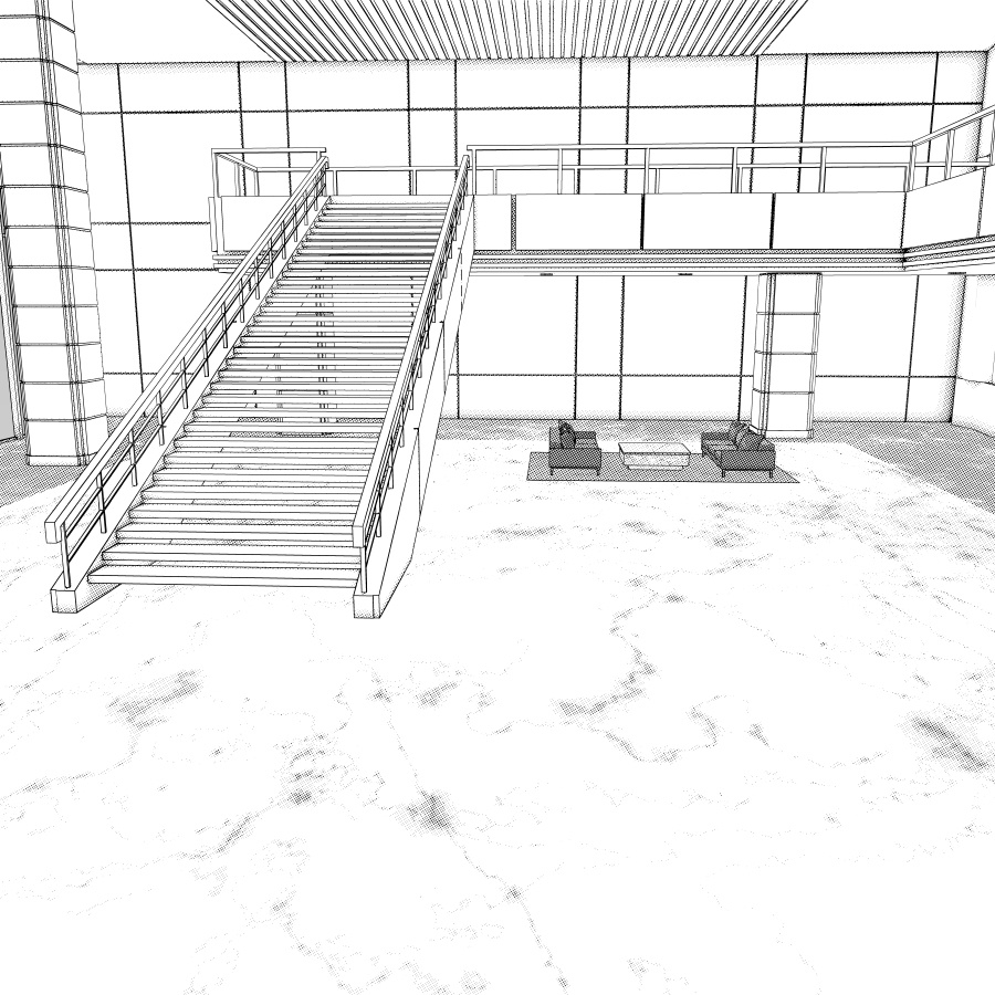 ラウンジとエレベーター(モノクロ)