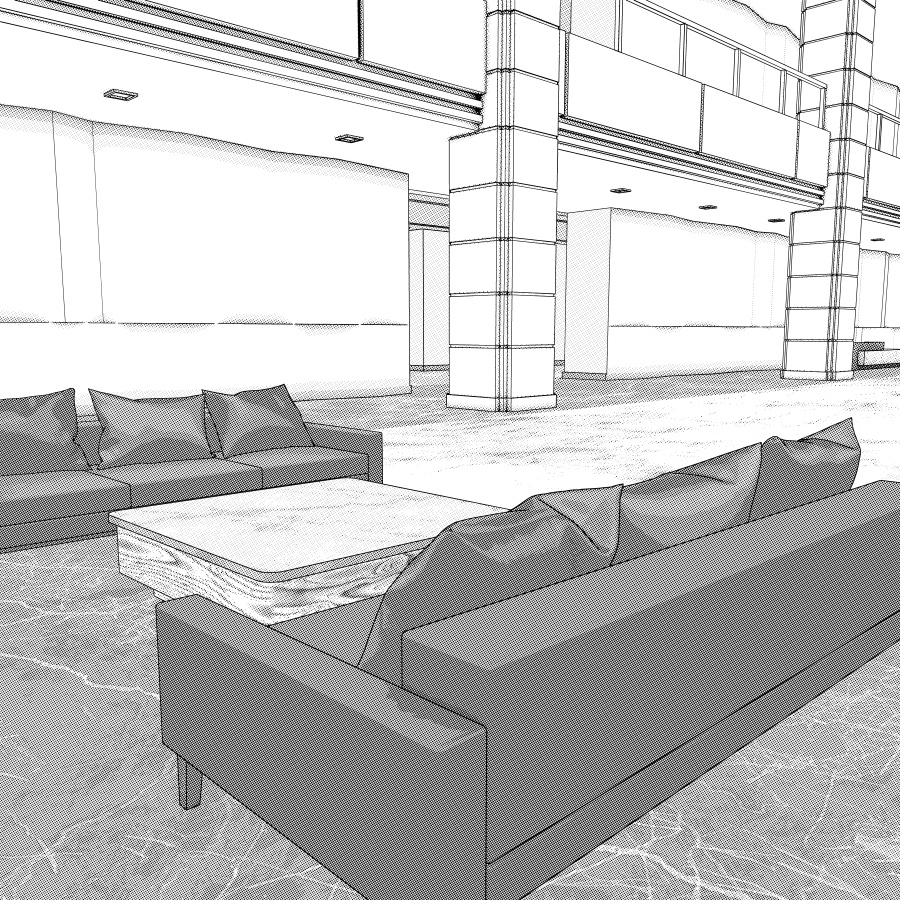 ラウンジとエレベーター(モノクロ)