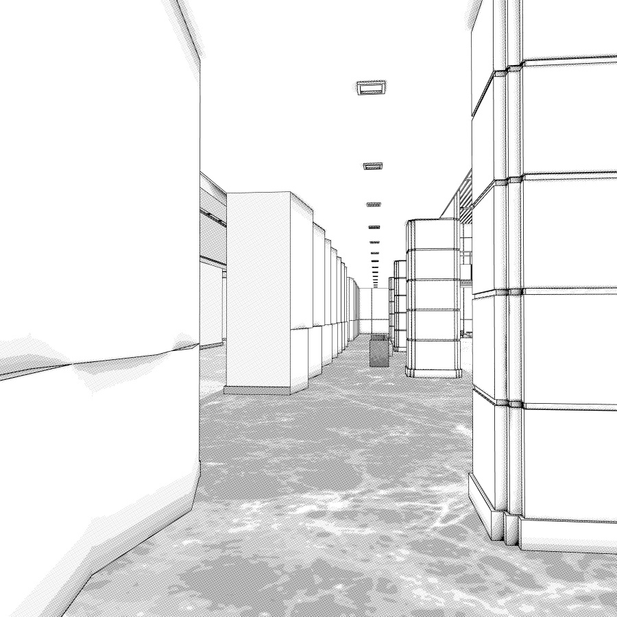 ラウンジとエレベーター(モノクロ)