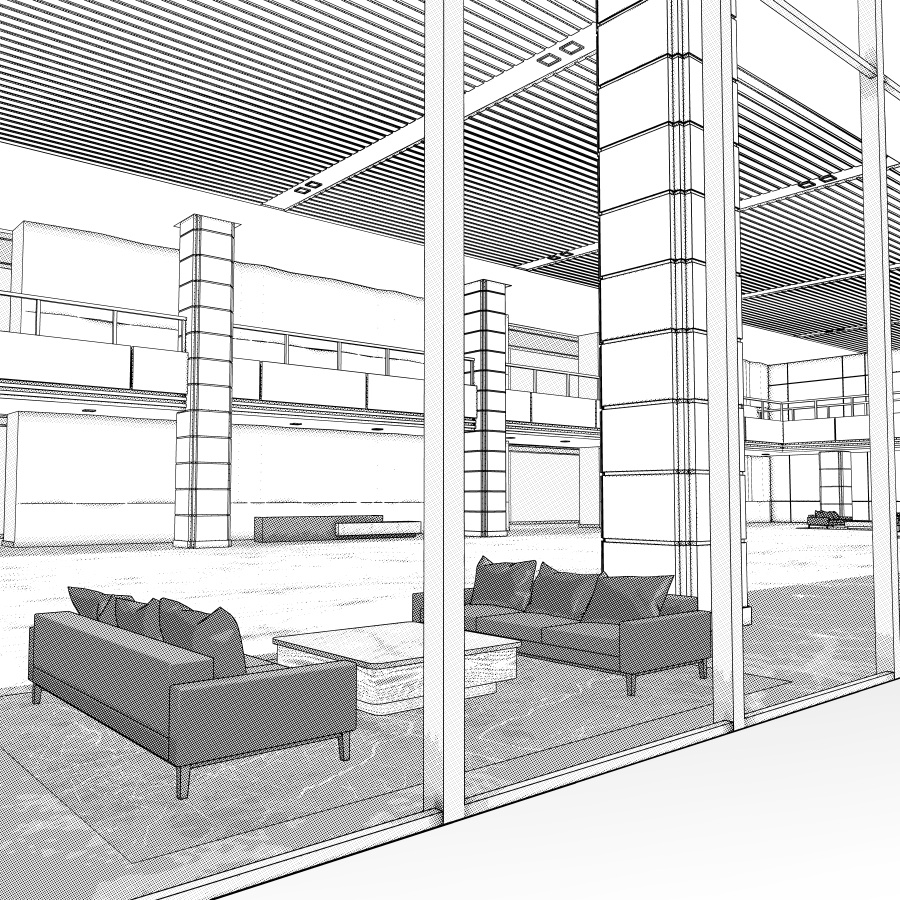 ラウンジとエレベーター(モノクロ)