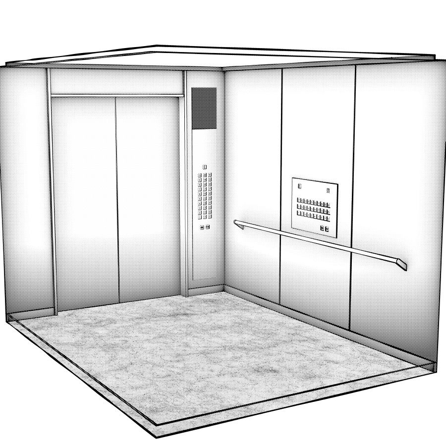 ラウンジとエレベーター(モノクロ)