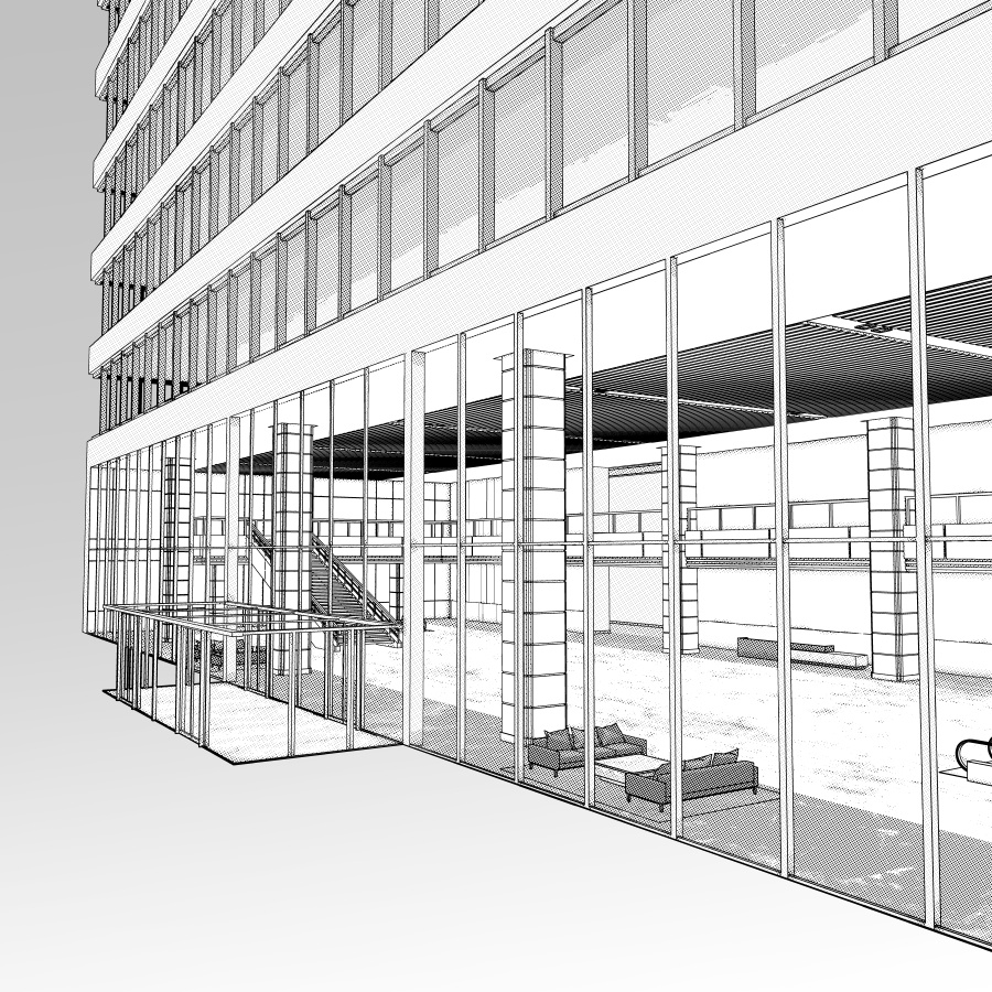 ラウンジとエレベーター(モノクロ)