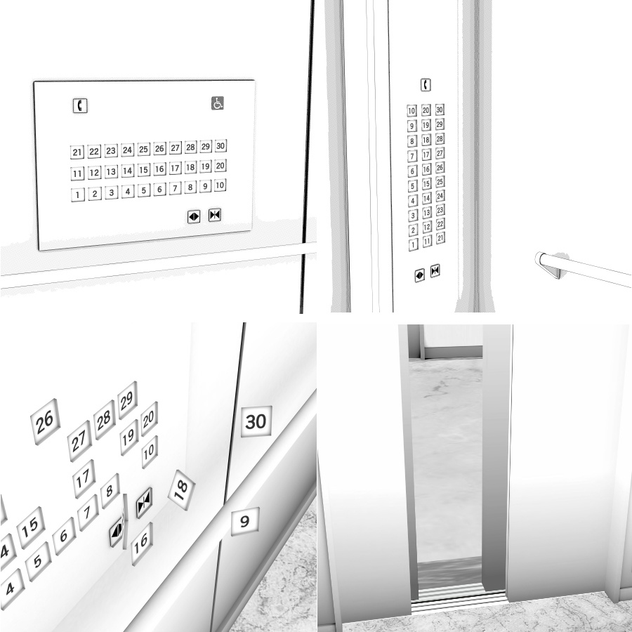 ラウンジとエレベーター(モノクロ)