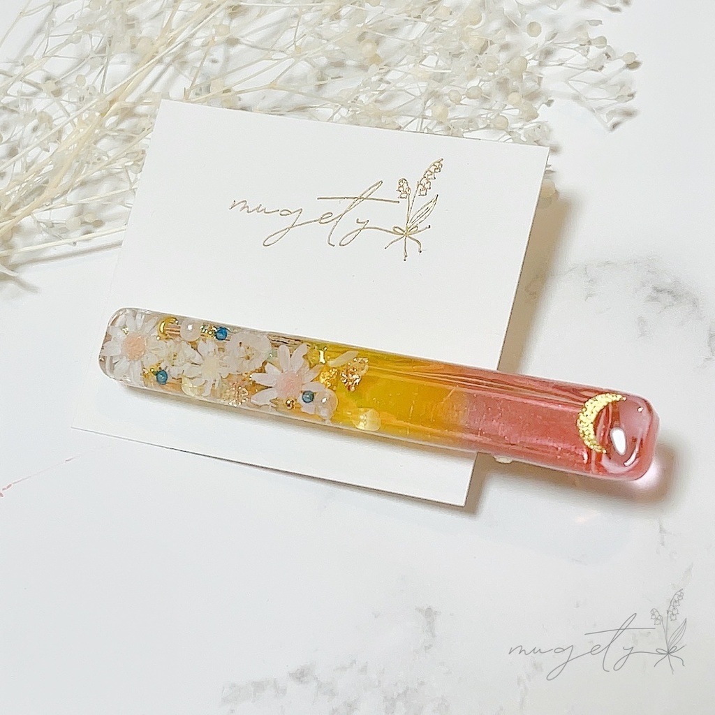 [Pink Yellow] ピンクイエロー ラメ無し 月 ヘアクリップ