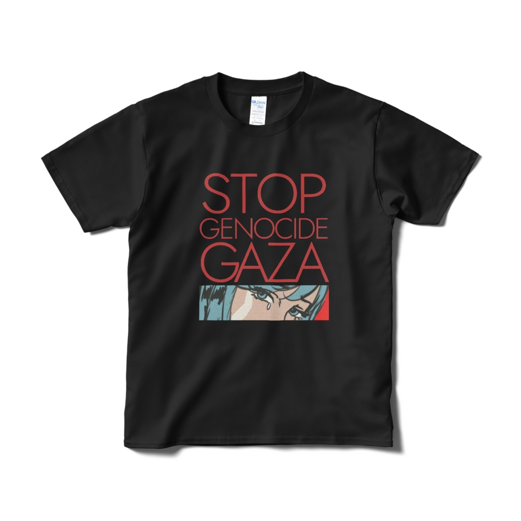 STOP GENOCIDE　Tシャツ　赤細ロゴ BLACK