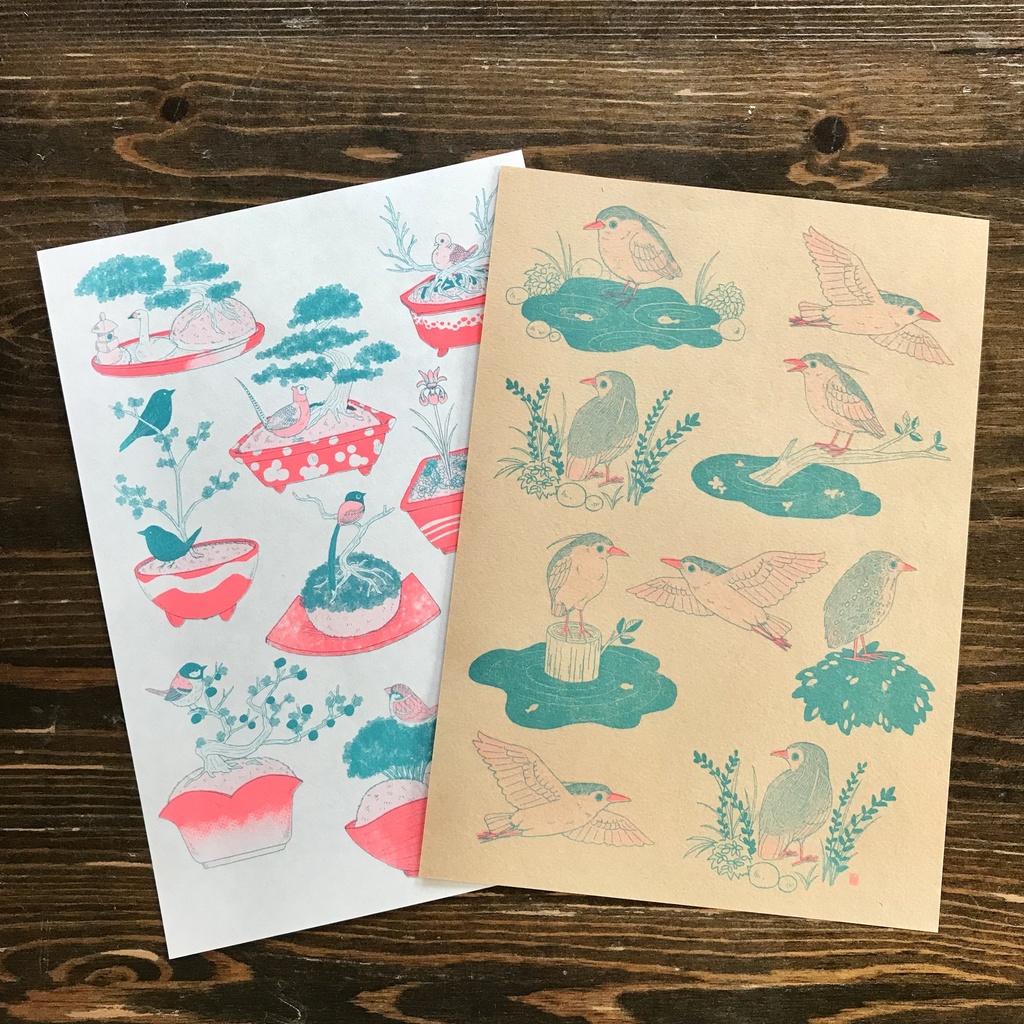 便箋Bセット / 盆栽と鳥(白)・ゴイサギ(クラフト)