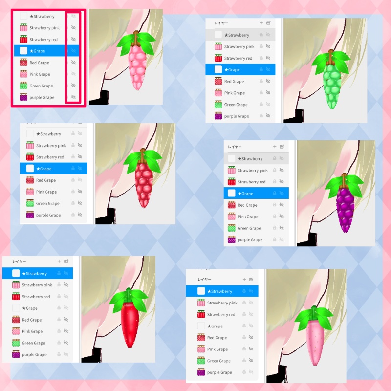 Vroid フルーツ アクセサリー セット Grape and Strawberry Earring + headband Set