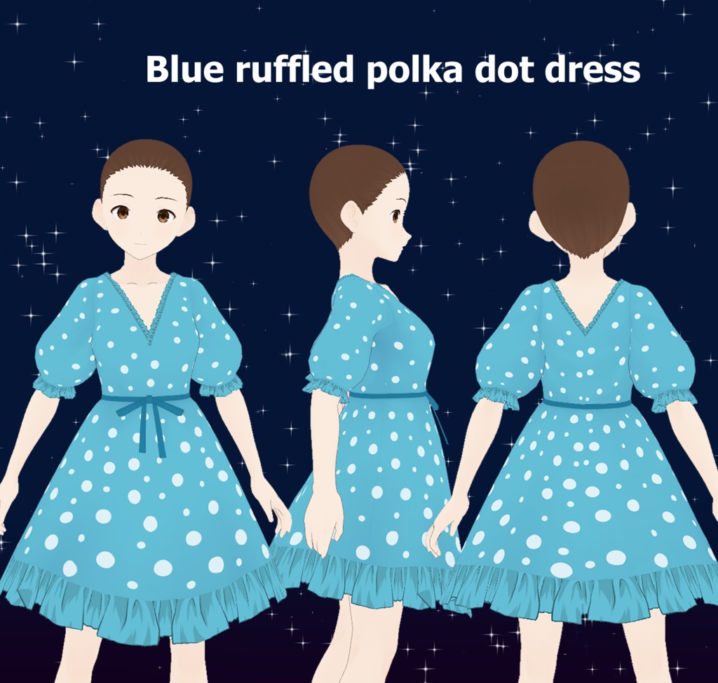 Vroid Blue polka dot, ruffle dress