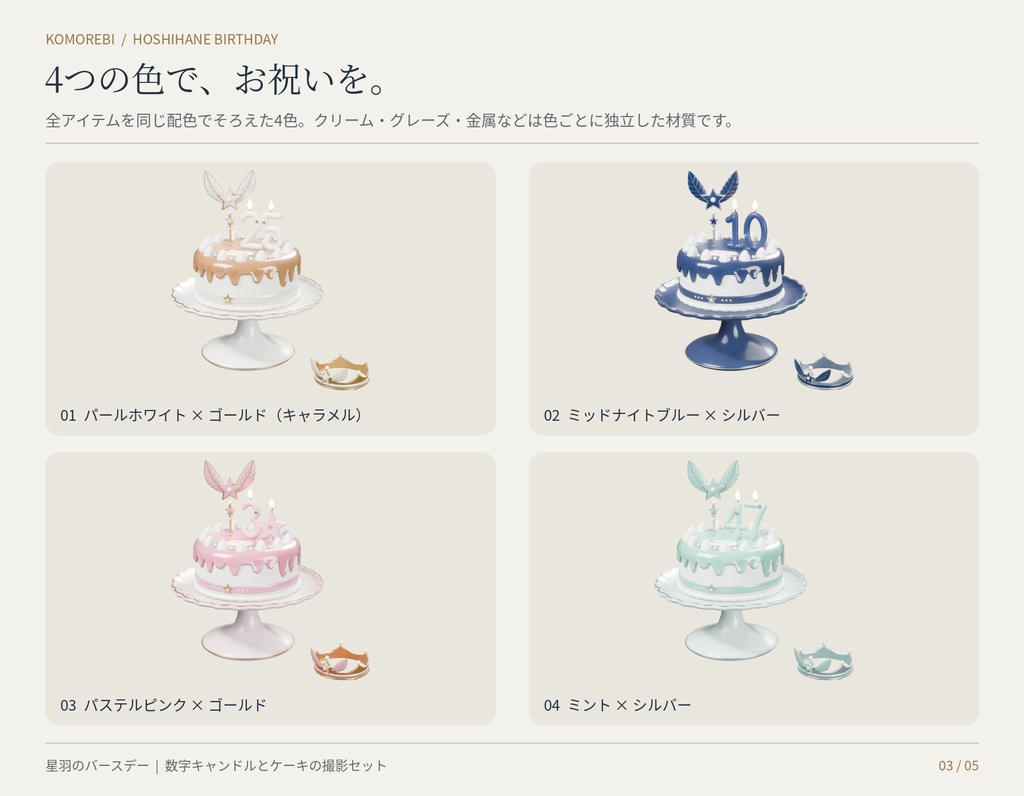 【4色】星羽のバースデー|数字キャンドル0〜9・ケーキ・王冠の3Dセット(配信/サムネイル/撮影用)