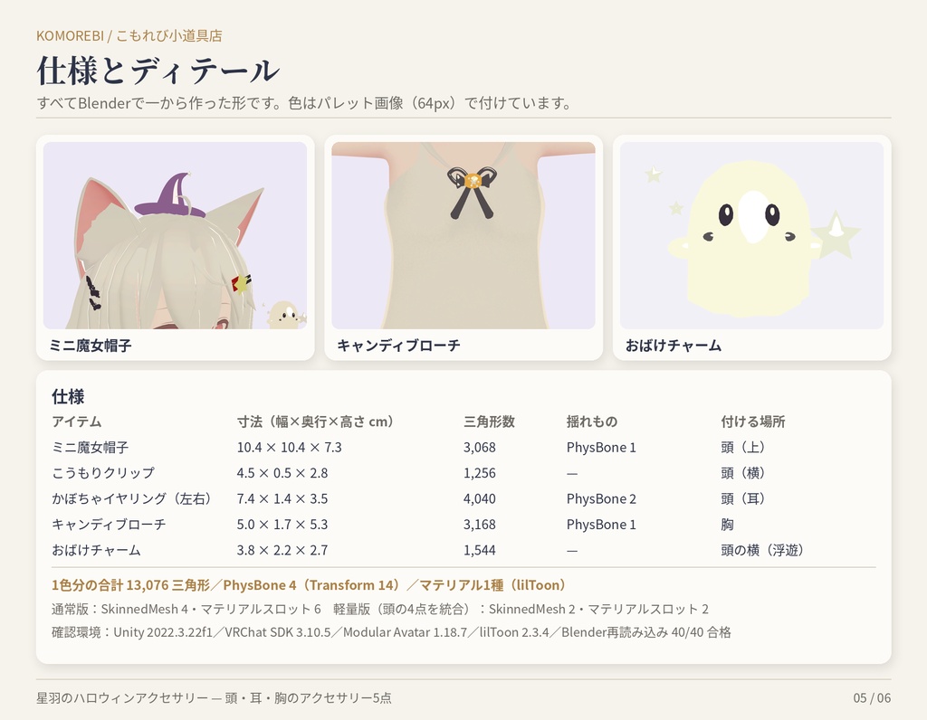 星羽のハロウィンアクセサリー|魔女帽子・こうもり・かぼちゃ・おばけ5点・4色【Modular Avatar/lilToon用Prefab付き】