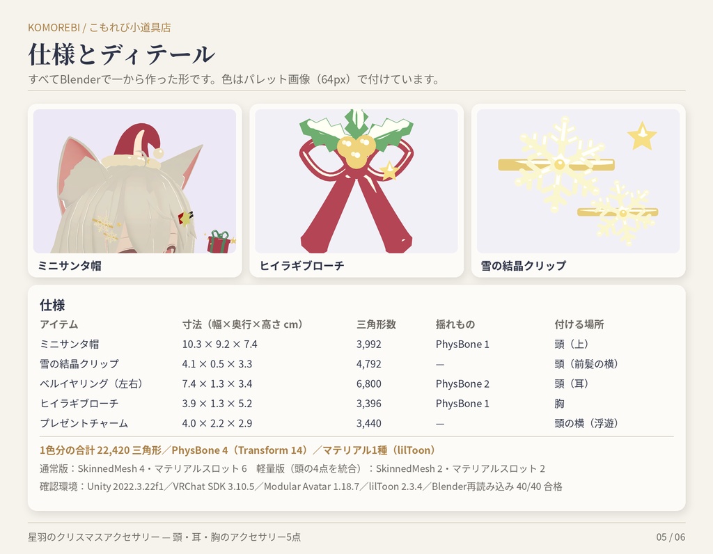 星羽のクリスマスアクセサリー|サンタ帽・雪の結晶・ベル・ヒイラギ・プレゼント5点・4色【Modular Avatar/lilToon用Prefab付き】