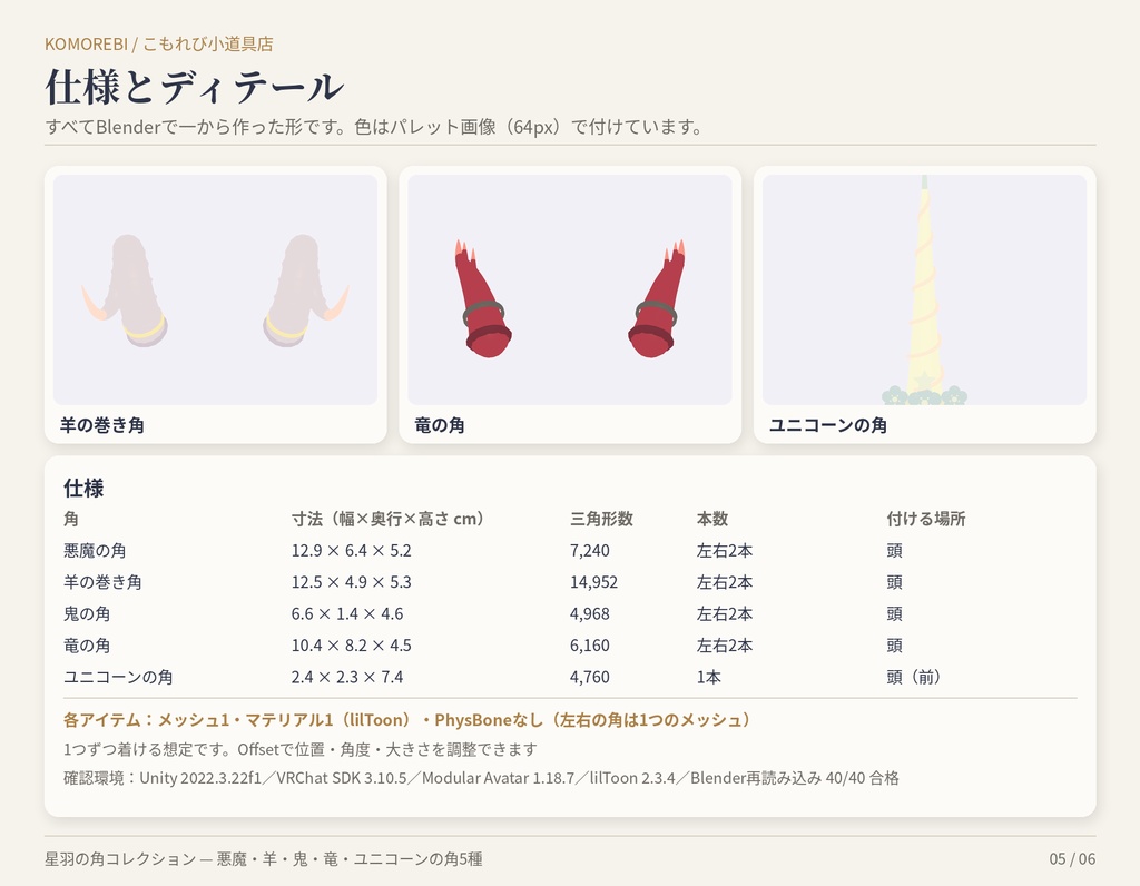 【MA対応】星羽の角コレクション|悪魔・羊・鬼・竜・ユニコーンの角5種×4色【VRChat想定】