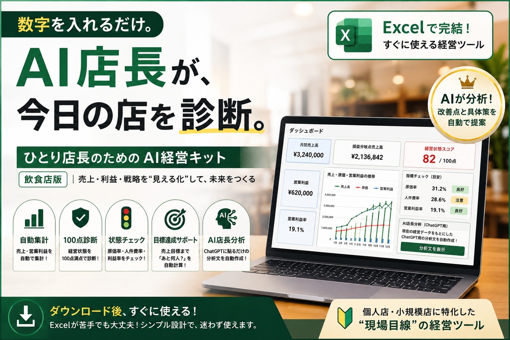 ひとり店長のAI経営キット｜飲食店版【売上・原価・人件費をAI診断】