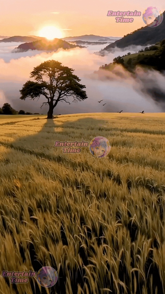 Golden wheat fields at sunrise mist rolling in the valley birds flying