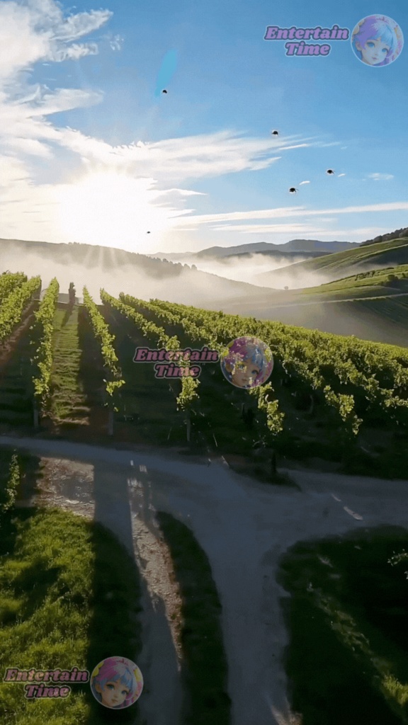 Vineyards on rolling hills sunlight through the soft mist bees flying
