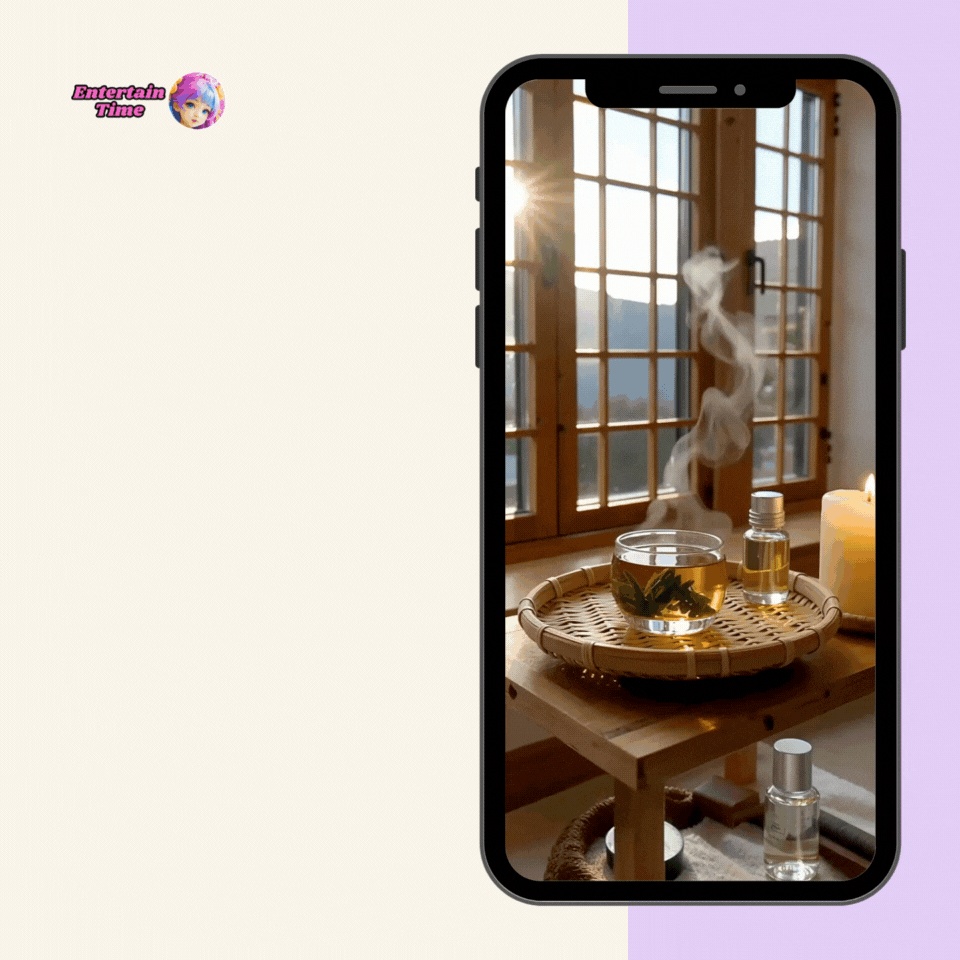 Peaceful morning light shines into a steaming cup of herbal tea and candles on a bamboo tray in the spa room