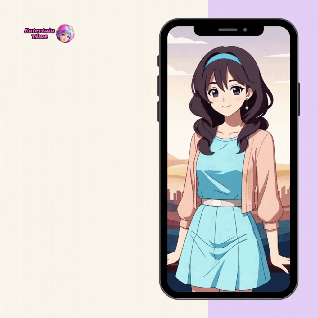 Cheerful girl in turquoise dress and pink cardigan against sunset cityscape phone live wallpaper