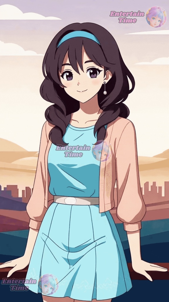 Cheerful girl in turquoise dress and pink cardigan against sunset cityscape phone live wallpaper