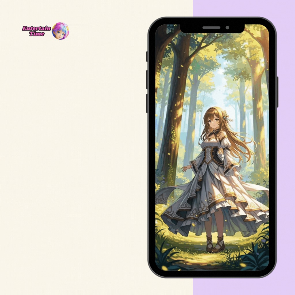 A girl in a gorgeous white and gold dress stands in a sunlit forest surrounded by warm golden light and floating flower petals phone live wallpaper