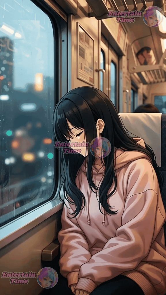 Girl in pink hoodie leans against train window in rain city lights outside are blurred phone live wallpaper