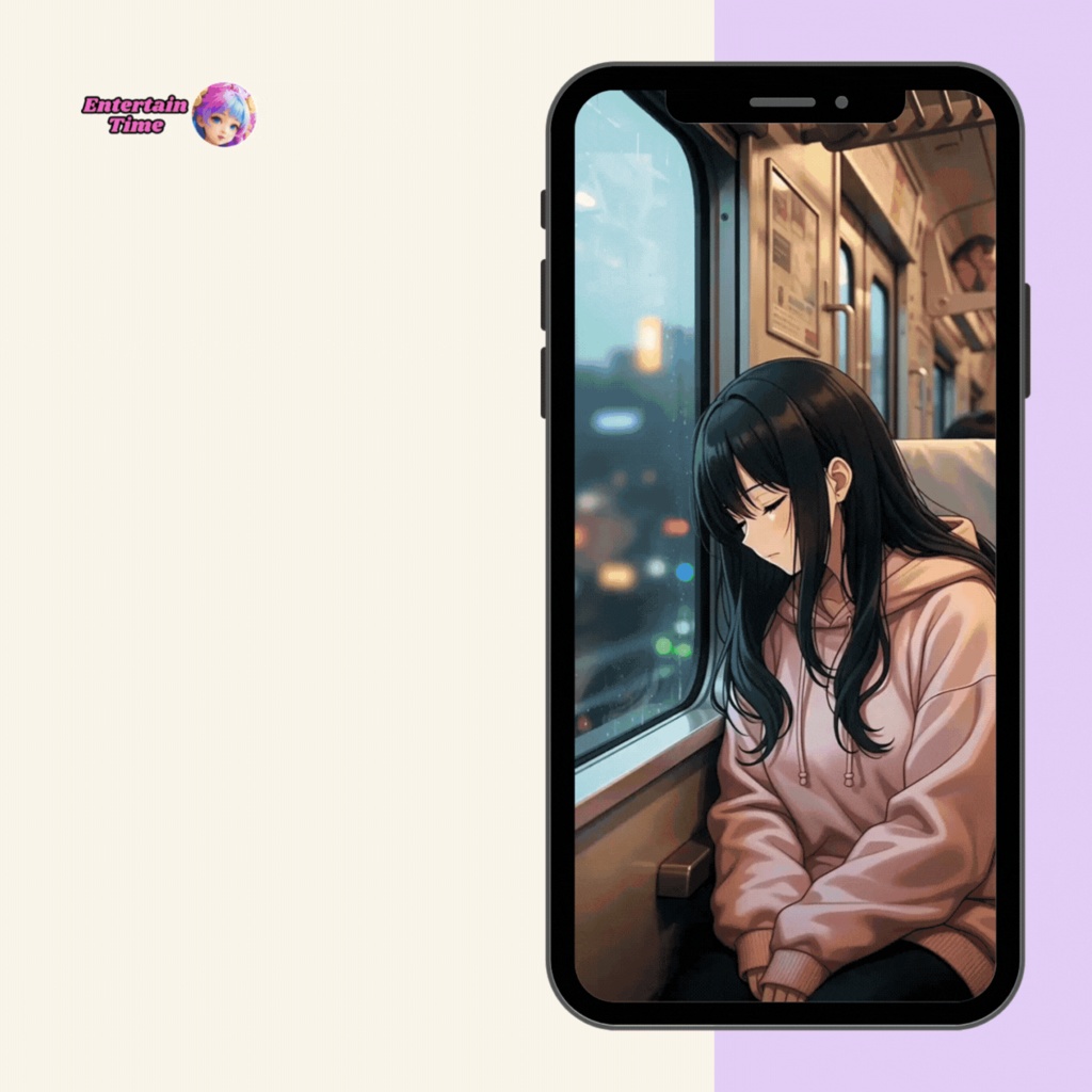 Girl in pink hoodie leans against train window in rain city lights outside are blurred phone live wallpaper