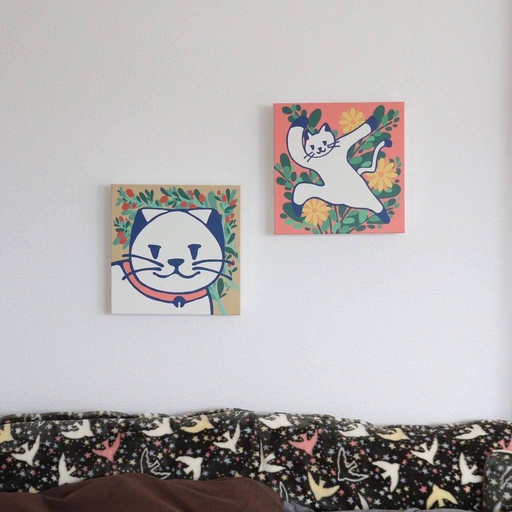 キャンバスフレームアート・オリーブと白いネコ