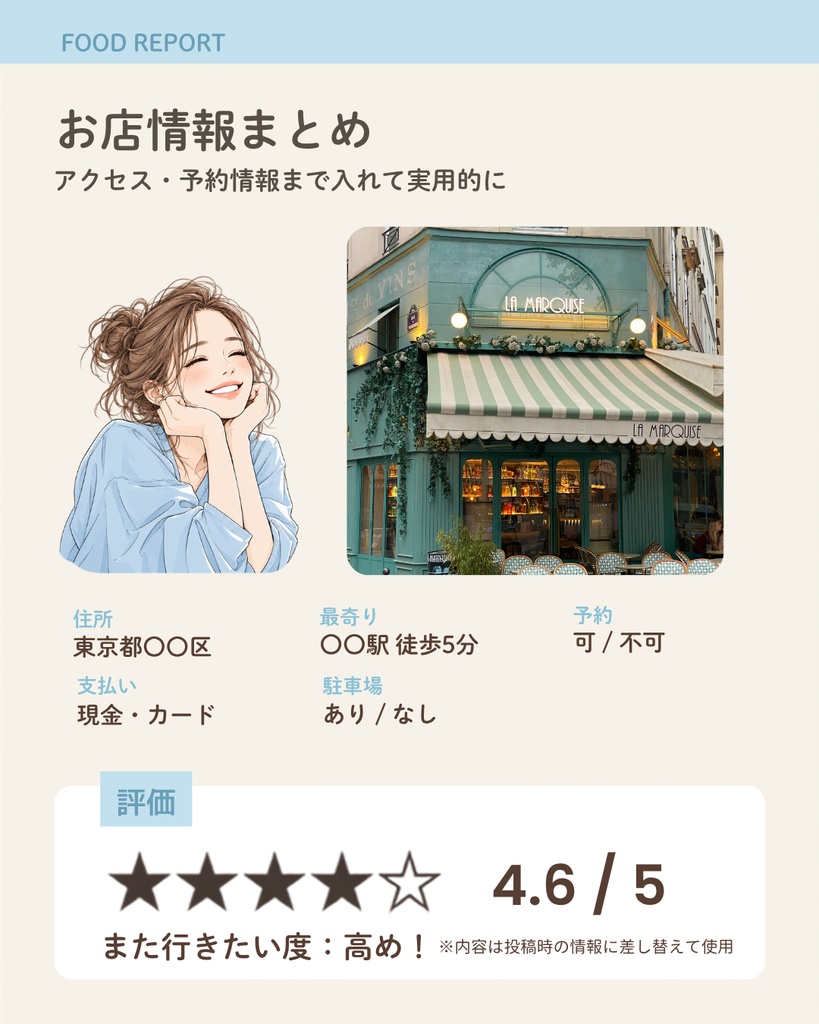 【Canvaテンプレート】食レポ投稿素材【インスタグラム用/全5枚】