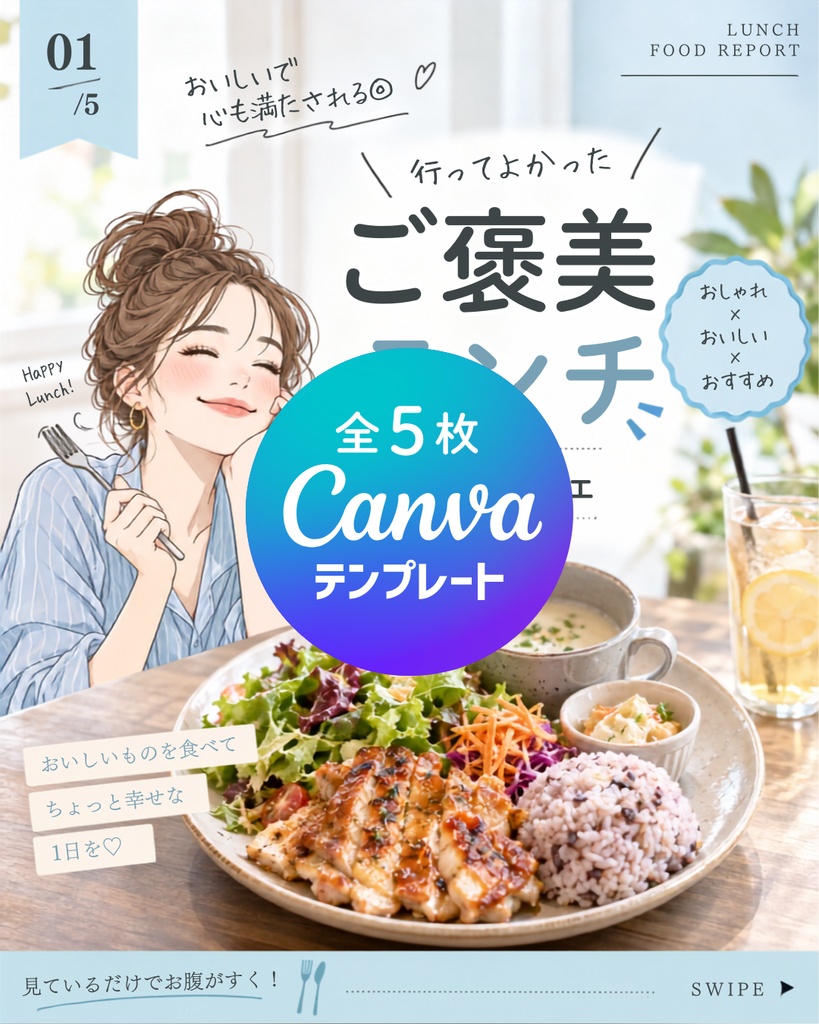 【Canvaテンプレート】食レポ投稿素材【インスタグラム用／全5枚】