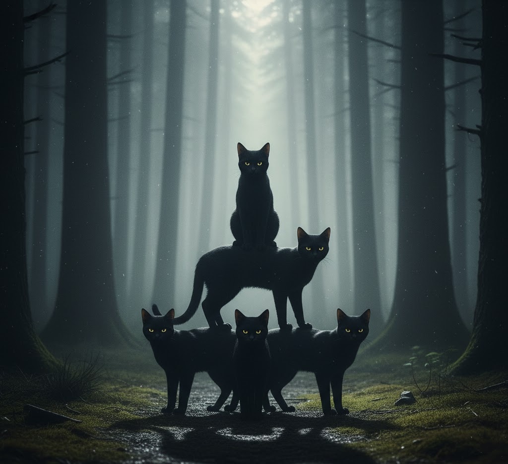 深い森の中の組体操猫