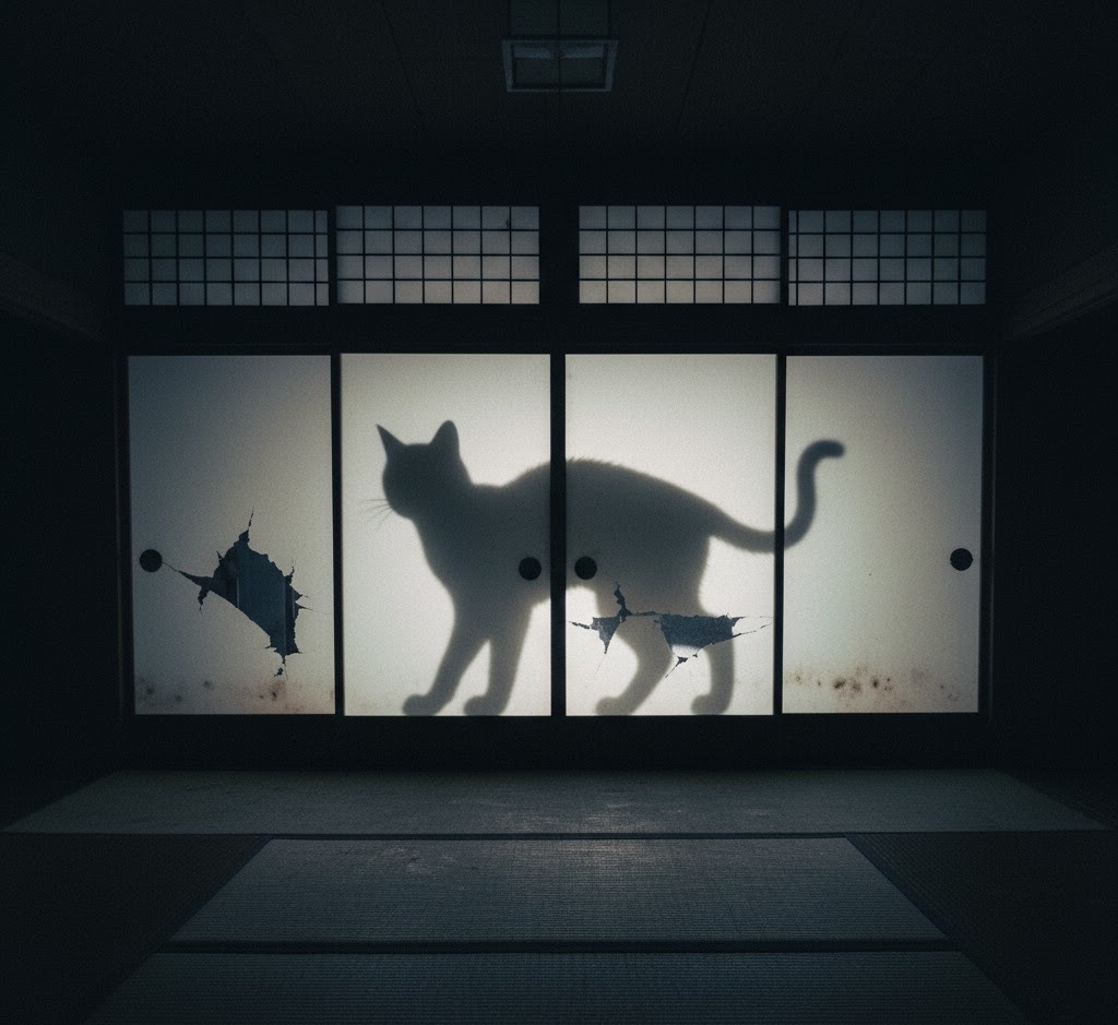 障子の向こうに巨大な猫の影が映る古びた和室