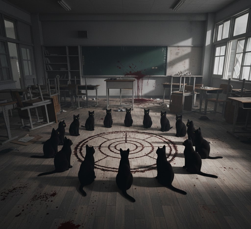 魔方陣を囲む黒猫達