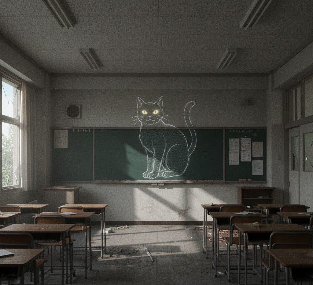 廃墟の学校の黒板に描かれた巨大な猫の絵