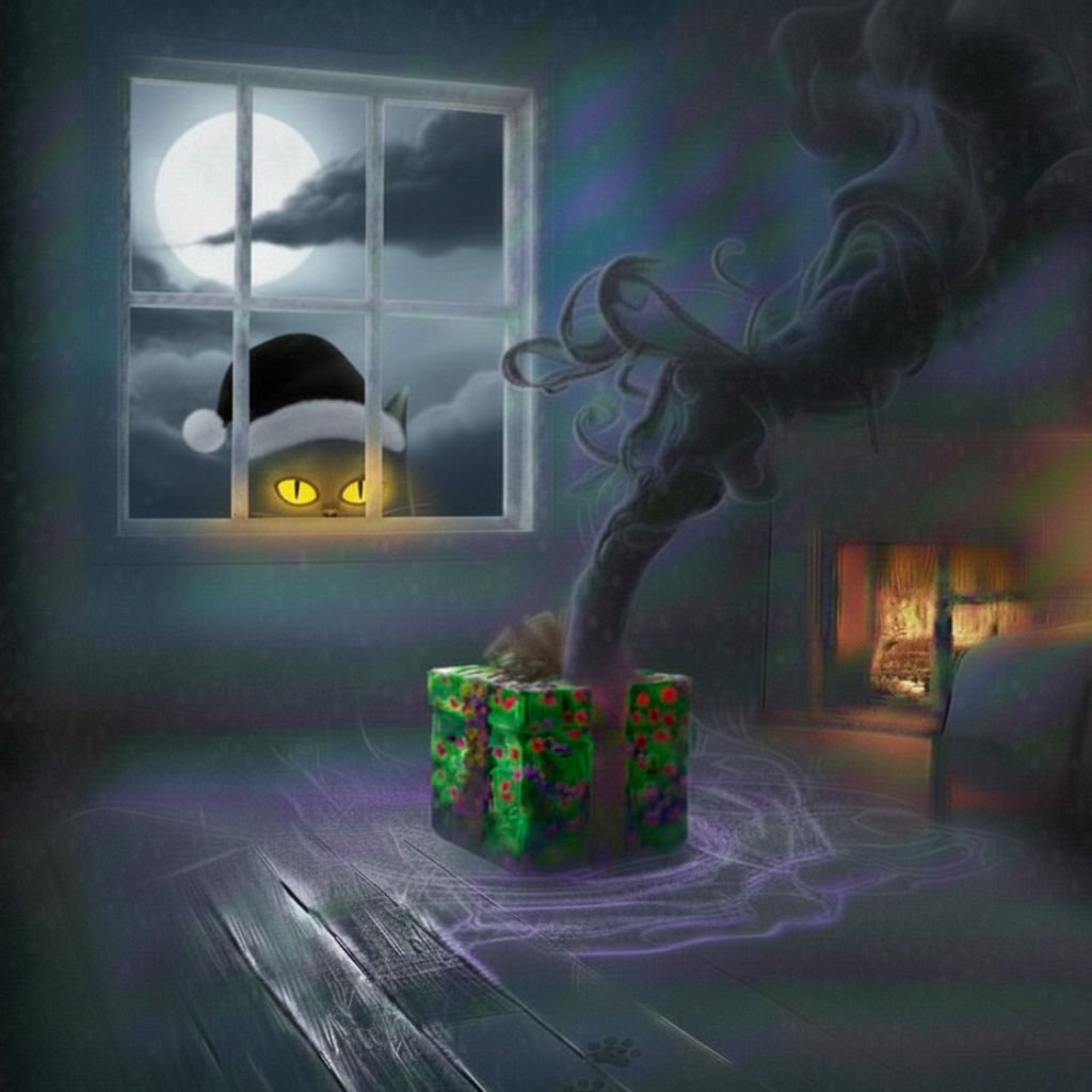 聖夜侵食スチル：黒猫サンタの不気味なプレゼント