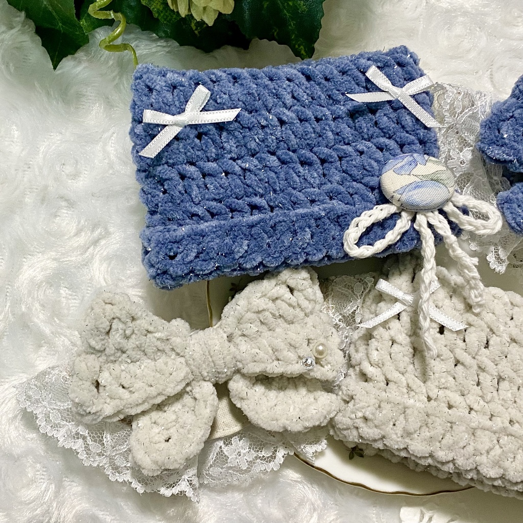 【10〜12cmぬい服】 きらきら猫耳ニット帽子セット