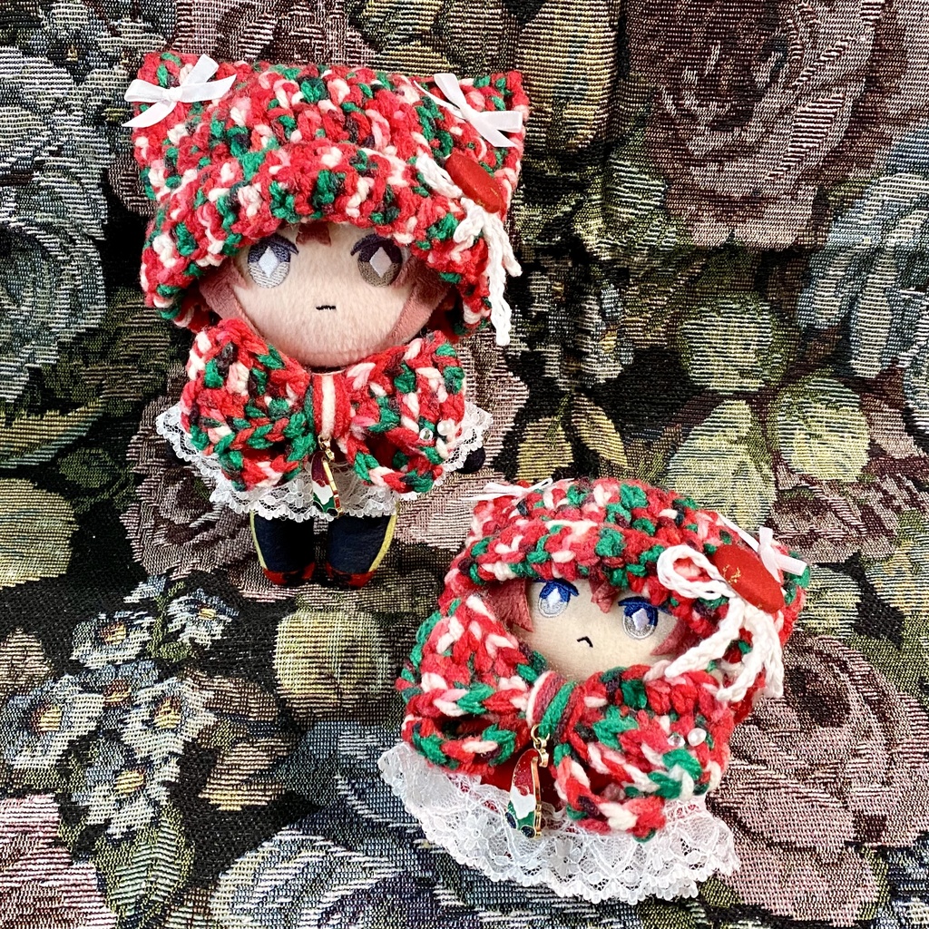 【10〜12cmぬい服】【15〜16cmぬい服】 クリスマス猫耳ニット帽子セット