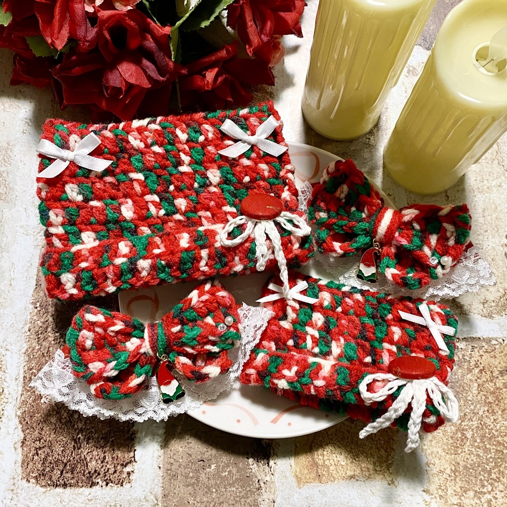 【10〜12cmぬい服】【15〜16cmぬい服】 クリスマス猫耳ニット帽子セット