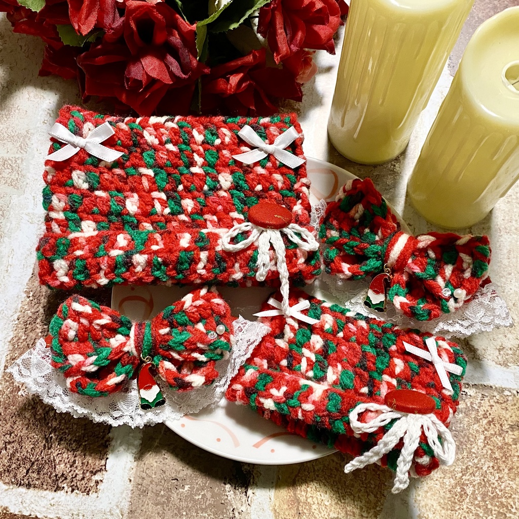 【10〜12cmぬい服】【15〜16cmぬい服】 クリスマス猫耳ニット帽子セット