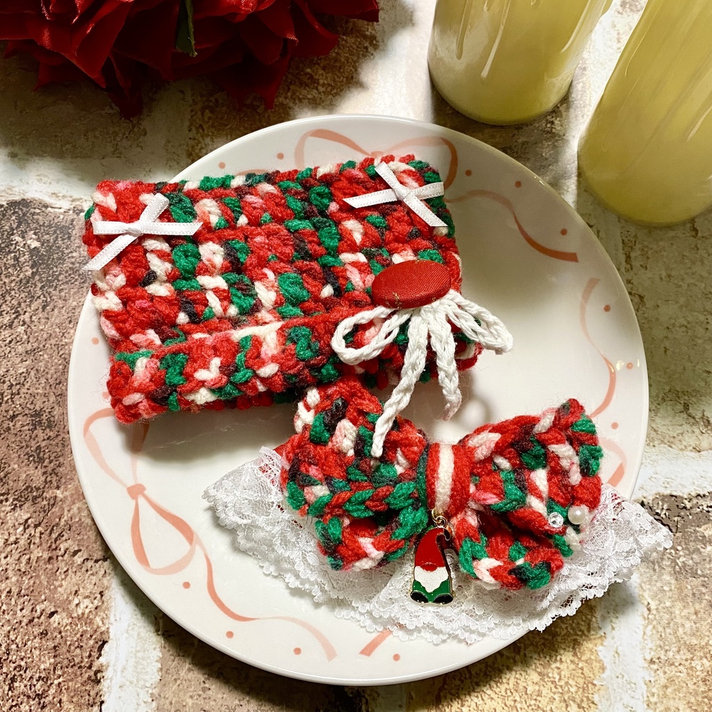 【10〜12cmぬい服】【15〜16cmぬい服】 クリスマス猫耳ニット帽子セット