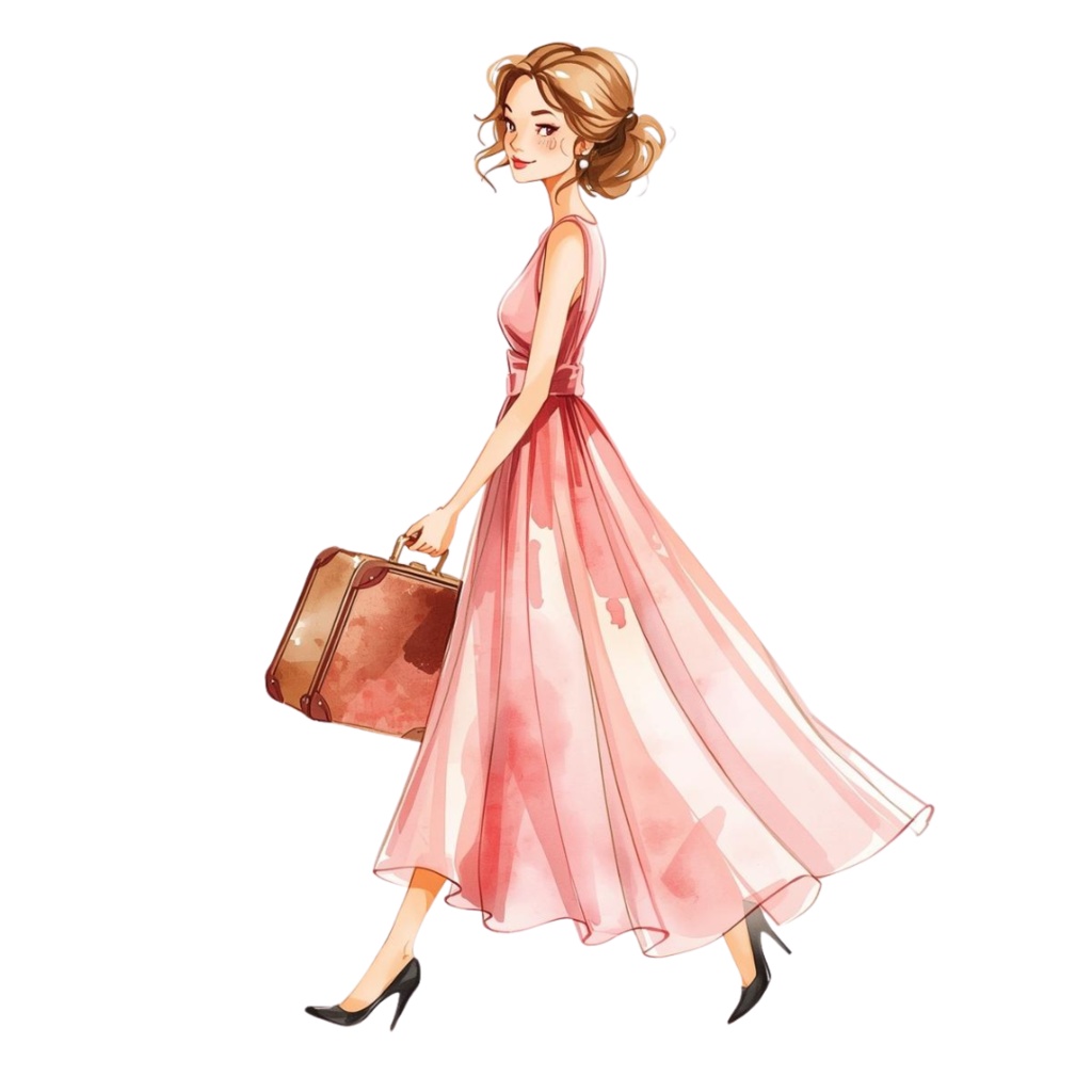 【ピンク旅行シリーズ】水彩アンティーク風クリップアート10点セット|PNG背景透過