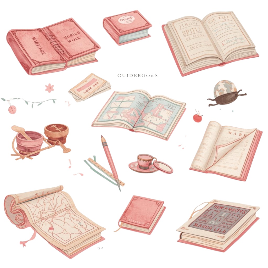 【ピンク旅行シリーズ】水彩アンティーク風クリップアート10点セット|PNG背景透過