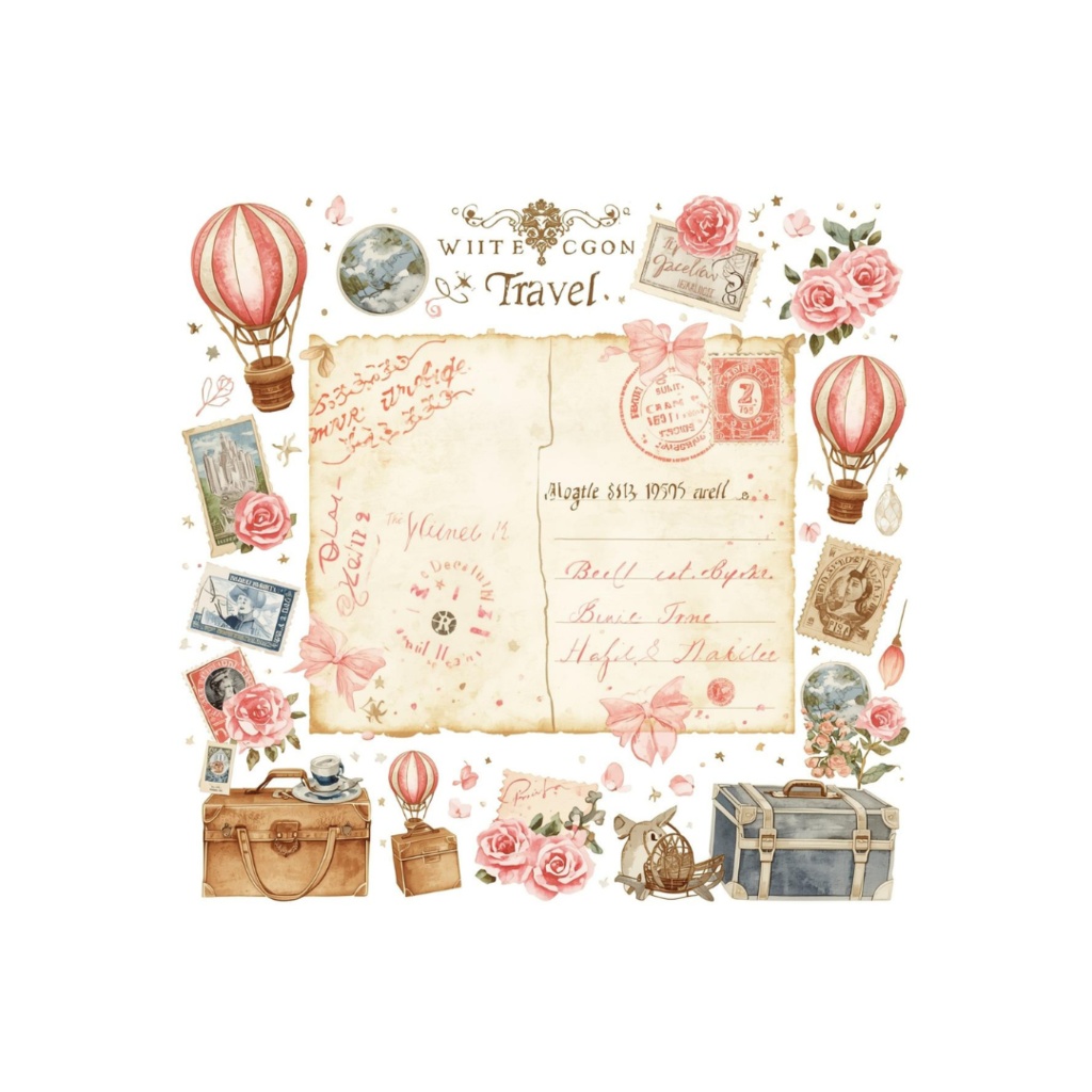 【ピンク旅行シリーズ】水彩アンティーク風クリップアート10点セット|PNG背景透過