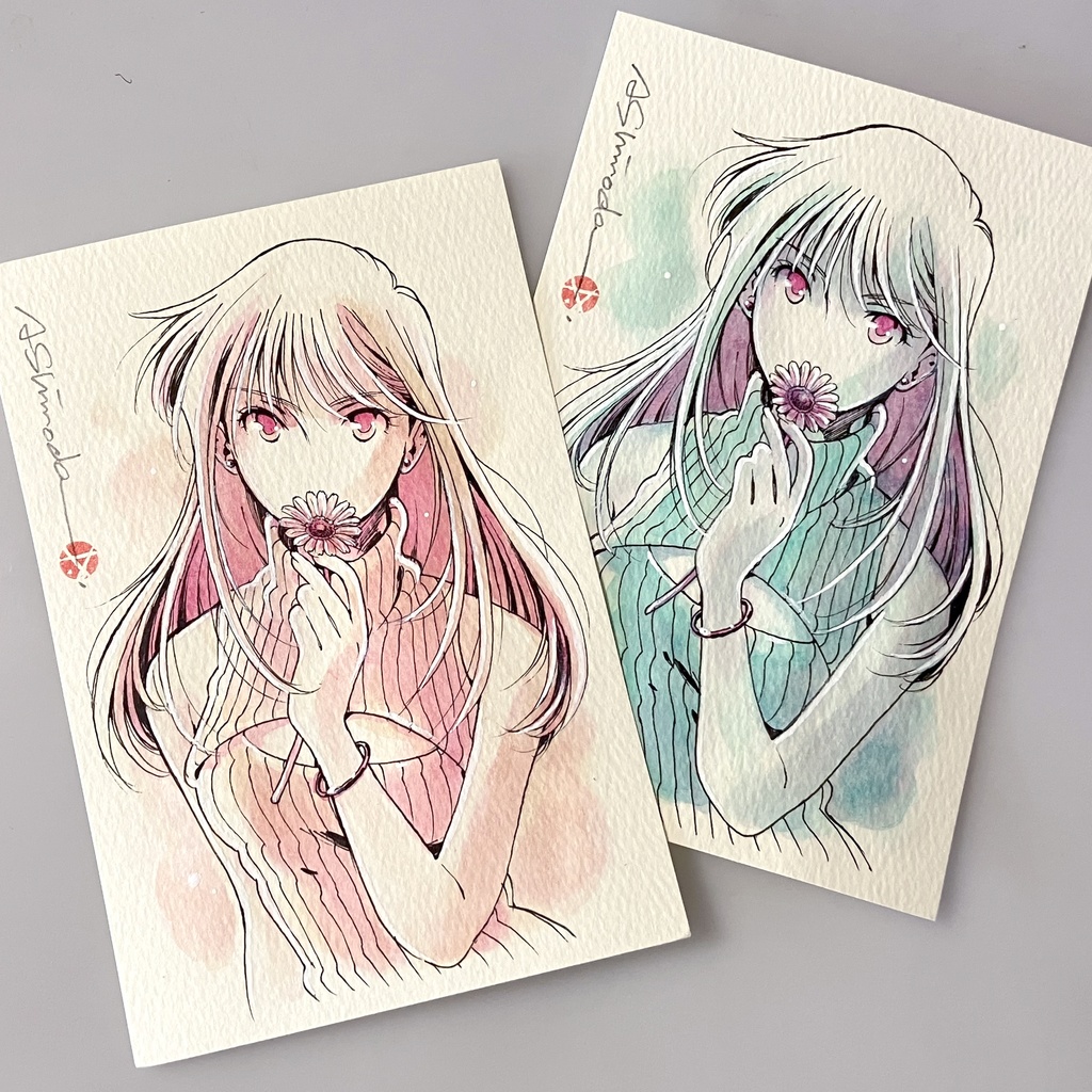 ［自宅発送］ドローイング原画｜ガーベラ（pink・mint）